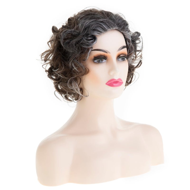 Wiwige Short Brown Curly Wigs for Women Synthetic Mixed Grey Big Curly Bob Wig Modern Cosplay Hair - Image 3